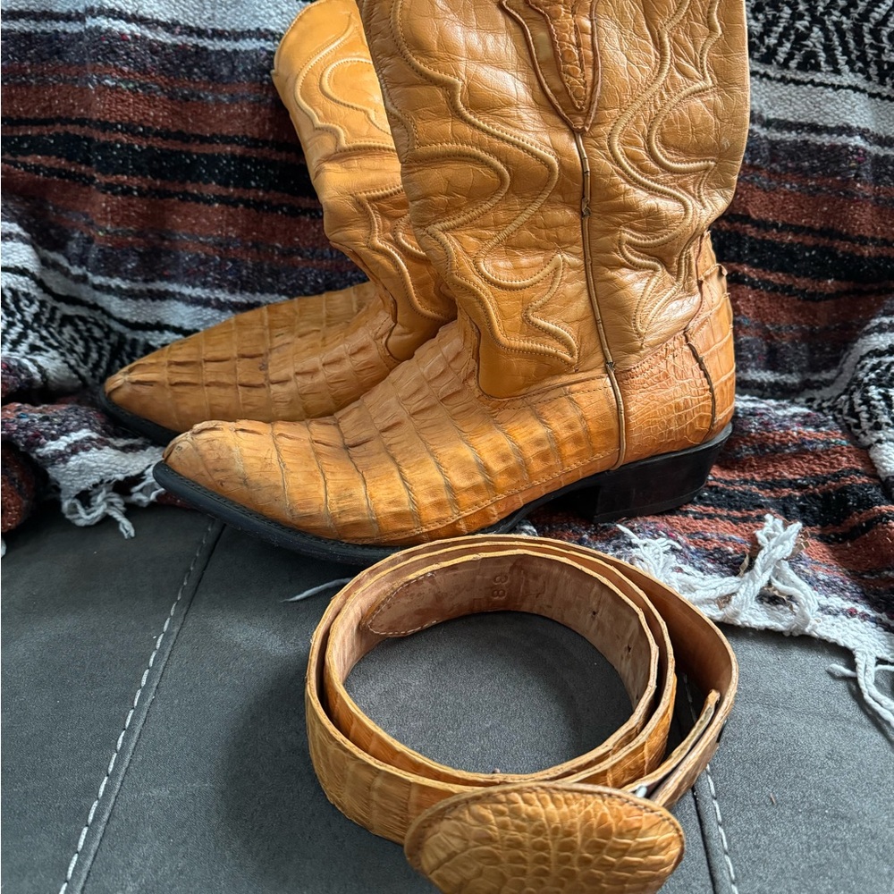 Tan Crocodile Leather Cowboy Boots and Belt
